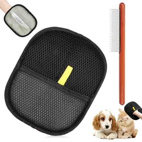 Yooyan Juego de 2 guantes para eliminar el pelo de animales, diseño grueso con guante grande y peine de madera para gatos, guantes antiestáticos reutilizables de doble cara, adecuados para todas las
