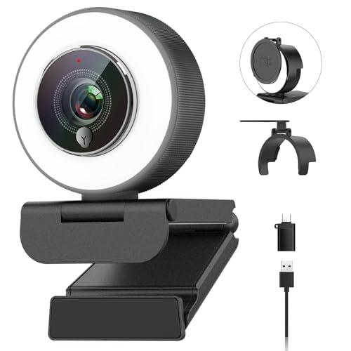 Angetube Webcam 4K con micrófono - Luz Circular integrada, Enfoque automático PDAF,Interfaz USB-A/C Plug and Play,Ideal para Streaming,videollamadas y reuniones,Compatible con PC,portátil,Mac/Windows