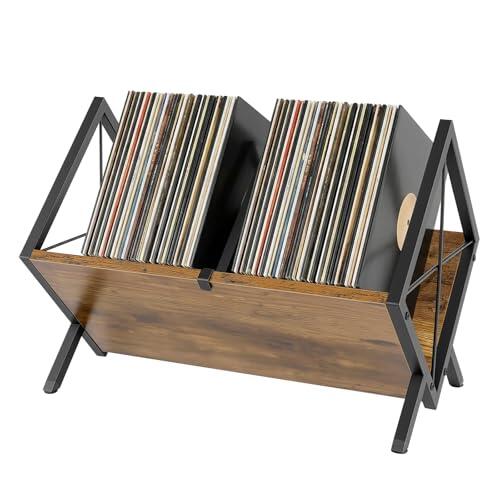 Estante de almacenamiento para discos de vinilo de 80 a 100 LP, estante de vinilo de un solo nivel con divisor ajustable, estilo retro de madera y metal, organizador para álbumes, revistas y libros