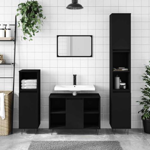 RuiNingRN Armario de baño negro de madera 80 x 33 x 60 cm con patas de hierro, organizador de baño con puerta y compartimentos abiertos, espacio para toallas y portarrollos de papel higiénico