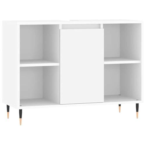 RuiNingRN Armario de baño blanco de madera 80 x 33 x 60 cm con patas de hierro, armario de almacenamiento para baño con puerta y compartimentos abiertos, montaje en puerta flexible, espacio para