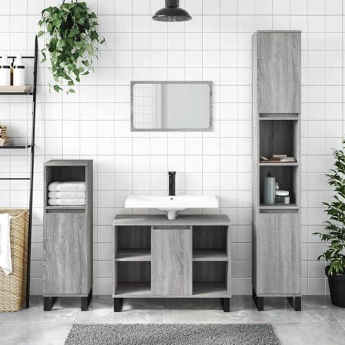 RuiNingRN Armario de baño Sonoma gris de madera 80 x 33 x 60 cm con patas de hierro, montaje en puerta flexible, armario organizador, estantería, espacio para toallas y papel higiénico