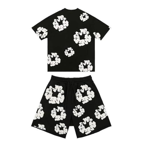Conjunto para Unisex Estampado Floral, Conjunto Hombre Mujer de 2 Piezas Traje de Jogging de Verano Y2K Camiseta de Manga Corta Pantalones Cortos Hip Hop Chándal