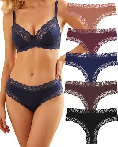 ALL OF SHE Pack De 5 Calzoncillos Algodón para Mujer Braguitas Brasileñas Encaje Sexys Hipster Cheeky Paquete Múltiple-L
