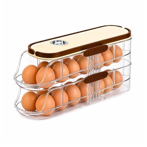 Organizador de Huevos para Nevera. Huevera para Frigorífico con Dispensador Automático, Bandeja Doble de 2 Niveles, Ahorro de Espacio, Transparente y Apilable. Capacidad Aproximada para 28 Huevos