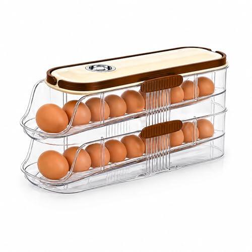 Organizador de Huevos para Nevera. Huevera para Frigorífico con Dispensador Automático. Bandeja de 2 Niveles, Ahorro de Espacio, Transparente y Apilable. Capacidad Aproximada para 14 Huevos