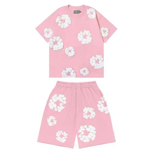 Conjunto para Unisex Estampado Floral, Conjunto Hombre Mujer de 2 Piezas Traje de Jogging de Verano Y2K Camiseta de Manga Corta Pantalones Cortos Hip Hop Chándal