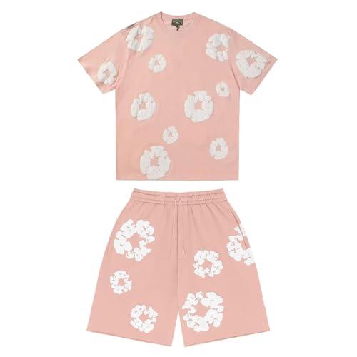 Conjunto para Unisex Estampado Floral, Conjunto Hombre Mujer de 2 Piezas Traje de Jogging de Verano Y2K Camiseta de Manga Corta Pantalones Cortos Hip Hop Chándal