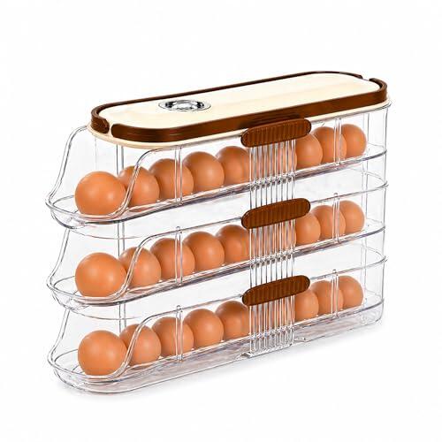 Organizador de Huevos para Nevera. Huevera para Frigorífico con Dispensador Automático, Bandeja de 3 Niveles, Ahorro de Espacio, Transparente y Apilable. Capacidad Aproximada para 21 Huevos