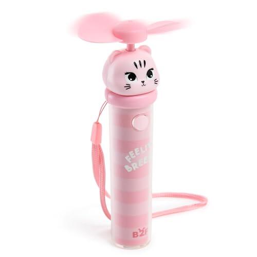 Back2Fun - Mini Ventilador Portátil de Mano con 3 Velocidades, Batería Recargable USB-C con hasta 2 Horas de Autonomía, Aspas Seguras y Asa de Tela para Colgar, Tamaño Ø22x130 mm, Diseño Gatita Rosa