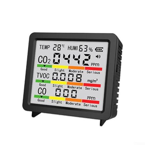 Shophubio Medidor interior con pantalla, Detector portátil de calidad del aire para formaldehído y TVOC, medidor de humedad de temperatura de escritorio, Contaminación del aire del automóvil (negro)