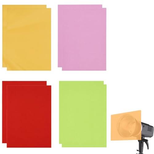 8 Láminas de Filtro de Color A4, Gel Transparente 0,3 mm para Iluminación, Fotografía, Vídeo y DIY, 2 Hojas por Color en Naranja, Verde, Rosa y Rojo