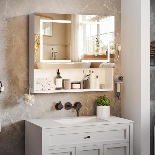 ELUCHANG Armario de Baño, con Espejo y Luz LED, Mueble Espejo de Pared, Armario baño Pared, con Soportes y Ganchos para secador de Pelo, con Interruptor, Luz Fría/Cálida/Natural,60×14×60cm,Blanco