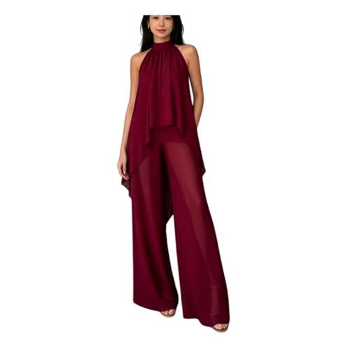 Genérico Conjunto de 2 piezas para mujer: Top sin mangas de cuello alto simulado y pantalones de pierna ancha — Ideal para vacaciones y ocasiones especiales (Red,2XL)