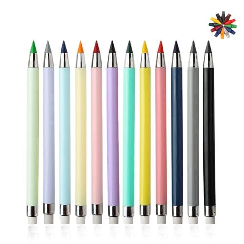 Juego de 12 lápices de colores eternos sin afilar, juego de lápices infinitos con goma de borrar y 12 puntas de repuesto, bolígrafo de borrador, lápiz sin fin reutilizable para estudiantes, adultos