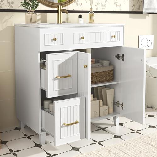 TIZZ Mueble de baño con lavabo, mueble de baño de pie con tocador de cerámica, superficie lacada, espacio de almacenamiento multifuncional, patas de madera maciza, diseño moderno de lujo, 81,7 cm