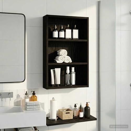 GeenYuu Armario de pared de baño de madera de roble negro, 40 x 10 x 60,5 cm, con 2 estantes de tabla, montado en la pared para muebles de baño, espacio de almacenamiento y almacenamiento en el