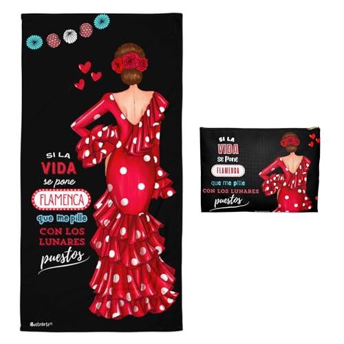 IllustrArte Pack Regalo Flamenco Toalla Microfibra 80x155 cm + Neceser Granada Macarena con Frase 22x17 cm – Secado rápido e Impermeable