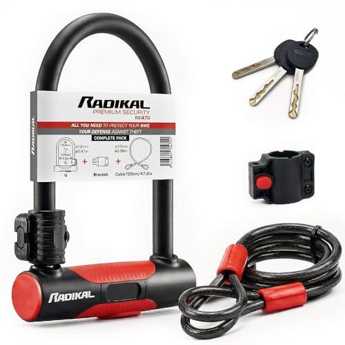 RADIKAL RK470 Candado Bicicleta en U con Cable 120cm, Antirrobo Bicicleta Acero Endurecido + Soporte, U Lock Bici Seguridad Urbana Resistente y Portátil, Candado Patinete Eléctrico, Scooter, 3 Llaves
