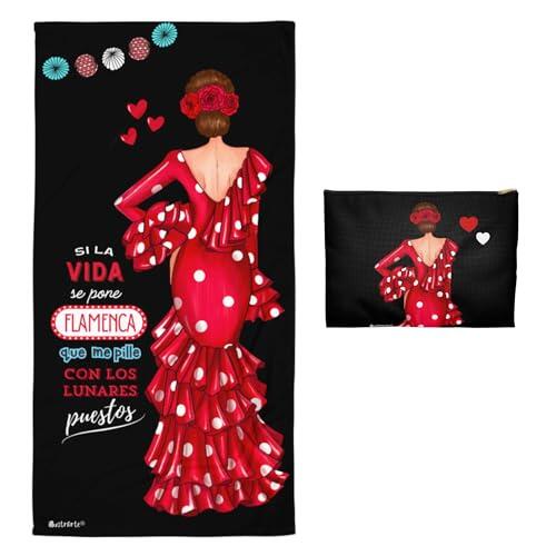IllustrArte Pack Regalo Flamenco Toalla Microfibra 80x155 cm + Neceser Granada Macarena Liso 22x17 cm – Secado rápido e Impermeable