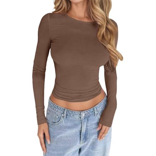 Tops de manga larga para mujer, corte ajustado, básico, ropa de calle, top, otoño, primavera, elástica, suave, informal, versátil, cómoda, cuello alto, parte superior para mujer, manga larga, 03#_café