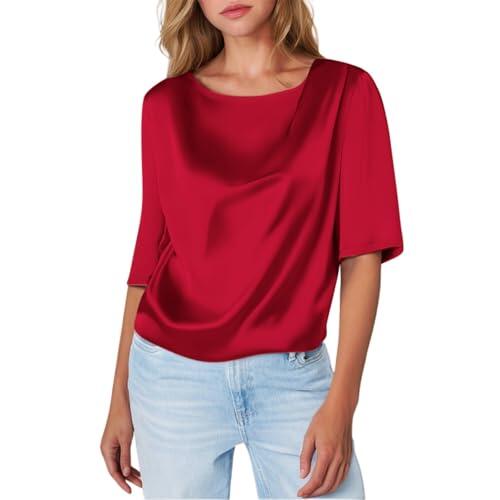 Tops para mujer, elegante, de satén, seda, tres cuartos, manga corta, lisa, ligera, transpirable, elegante, versátil, cómoda, suave, femenina, parte superior elegante, 06#_rojo, XL