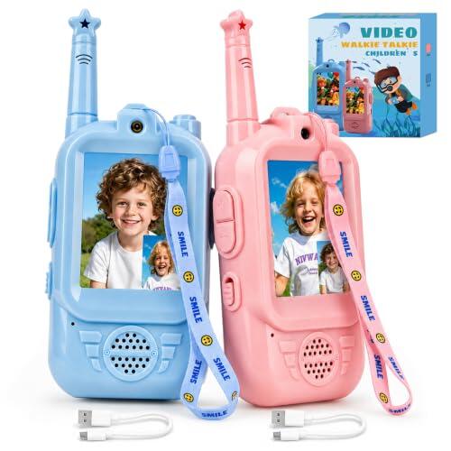 Walkie Talkie Niños con Vídeo, Pack de 2 (Azul y Rosa), Walkie Talkies Recargables con Cámara Frontal y Cambiador de Voz, Juguete Interactivo Seguro sin Internet, Regalo Niños Niñas 3-12 Años