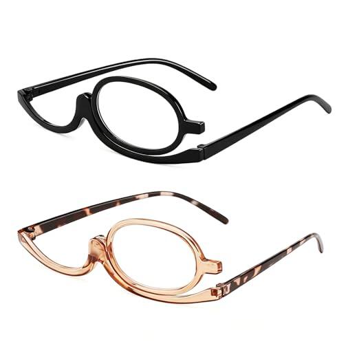 2 Piezas Gafas de Maquillaje, Gafas Maquillaje Monóculo Giratorio, Lupa Cosmética Abatible para Mujeres y Niñas, Lectura Belleza, Óptica Individual Ajustable, Negro y Color Té