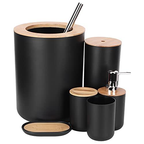 Naroote Juego de Accesorios de Baño de 6 Piezas, Soporte para Cepillos de Dientes, Contenedor de Basura para Escobilla de Inodoro, con Madera y Plástico, Ideal para el Hogar, Baño, Dormitorio, Hotel y