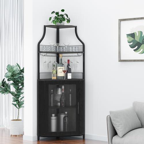 Garvee Armario de barra esquinera, almacenamiento de licor de granja de 5 niveles, estante de vidrio, estantes y puertas ajustables para comedor, sala de estar, cocina, color negro