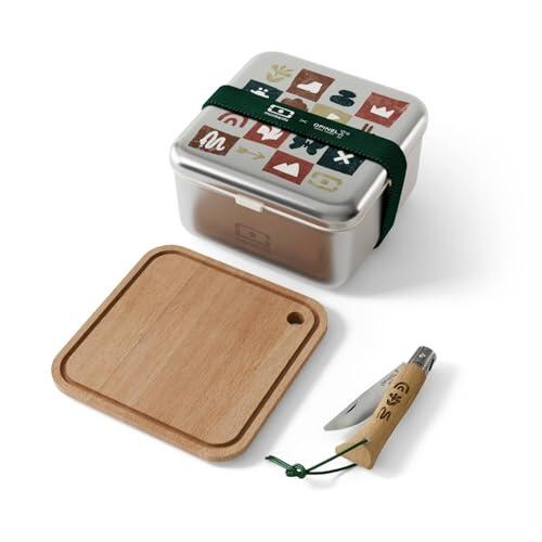 monbento - Kit Comida Origines - Lunch Box Acero Inoxidable + Cuchillo Opinel + Tabla de Madera - Robusta y Hermética - Ideal Picnic - Microondas, Horno y Lavavajillas - Sin BPA