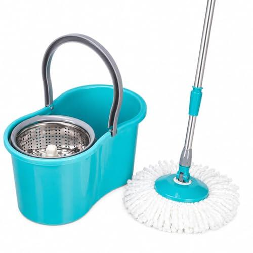 TIENDA EURASIA – Cubo Fregona Centrífugo con Mopa Giratoria 360º | con Escurridor | Mango Extensible | Tapón de Vaciado | Plástico PP y Acero Inoxidable | Azul Turquesa (8L - 22x39x20 cm)