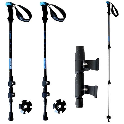 2X Bastones de Trekking Senderismo Telescópicos, Baston de Marcha Nórdica para Hombre y Mujer, Ultraligeros, con Topes de Goma, Ajustables con Mango Ergonómico (Negro/Azul)