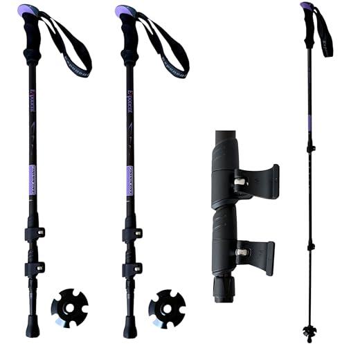2X Bastones de Trekking Senderismo Telescópicos, Baston de Marcha Nórdica para Hombre y Mujer, Ultraligeros, con Topes de Goma, Ajustables con Mango Ergonómico (Negro/Morado)