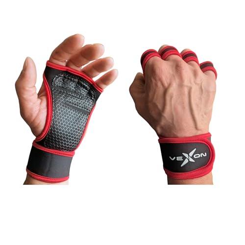 VEXON Guantes Gimnasio Hombre y Mujer – Guantes Gym Antideslizantes y Transpirables, Palma Acolchada, Soporte de Muñeca Ajustable, para Pesas y Entrenamiento. (Rojo, X-Large)