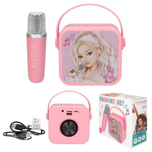 Depesche 13778 TOPModel - Set de Karaoke en Rosa, con Motivos de Modelos y asa de Transporte, Altavoz Bluetooth con Cambiador de Voz, 1 micrófono y Cable de Carga USB-C