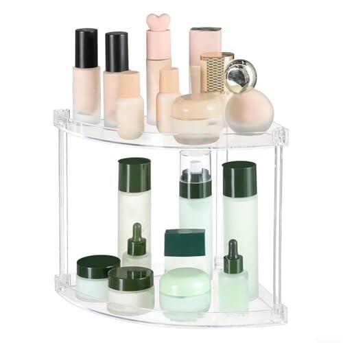 Organizador de esquina transparente de dos niveles para almacenamiento de baño que se ajusta firmemente en ángulos de 90 grados para maximizar la eficiencia de áreas pequeñas