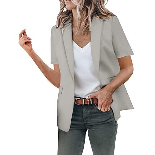 Mujeres Casual Sólido botón Solapa Manga Corta Traje Delgado Temperamento Abrigo para Daliy Work (Grey, XL)