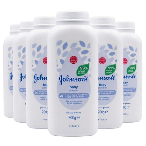Johnson's Baby Polvo para bebé, 200 g, paquete de 6 unidades (6 x 200 g) – Polvo de almidón de maíz suave para la piel delicada del bebé, clínicamente probado, hipoalergénico, sin parabenos, ftalatos