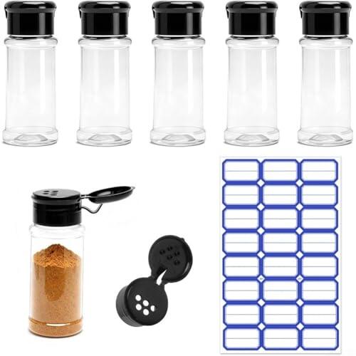 6 tarros de especias con etiquetas | Botellas de condimento transparentes PET de 100 ml | Tapa superior abatible para sal y hierbas | Contenedores compactos de almacenamiento de cocina | Negro