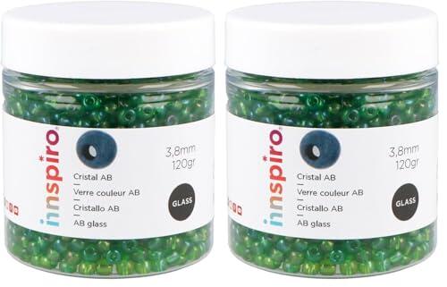 INNSPIRO Rocalla de vidrio redonda aurora boreale verde 3,8mm. 120gr. Bote. Para crear pulseras y collares, ideal para manualidades y joyas con niños. Cuentas semilla. (Paquete de 2)