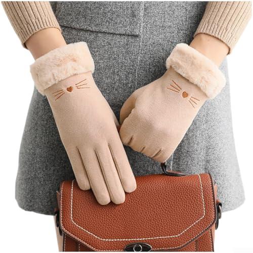 Guantes térmicos de forro polar con bonito diseño de gato, guantes de invierno resistentes al viento para ciclismo y deportes al aire libre, forro cálido para clima frío, negro, gris, rosa, caqui