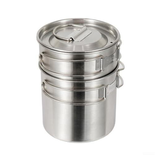 Juego de ollas de camping de acero inoxidable 304, mango plegable, utensilios de cocina portátiles para senderismo, viajes, taza ligera apilable para aventuras al aire libre, color plateado