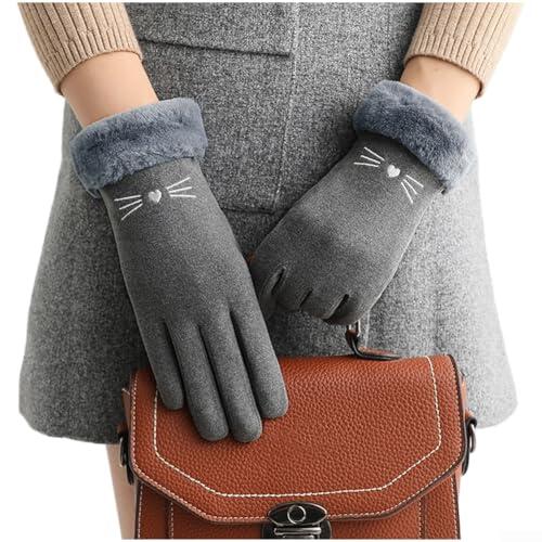 Guantes térmicos de forro polar con bonito diseño de gato, guantes de invierno resistentes al viento para ciclismo y deportes al aire libre, forro cálido para clima frío, negro, gris, rosa, caqui