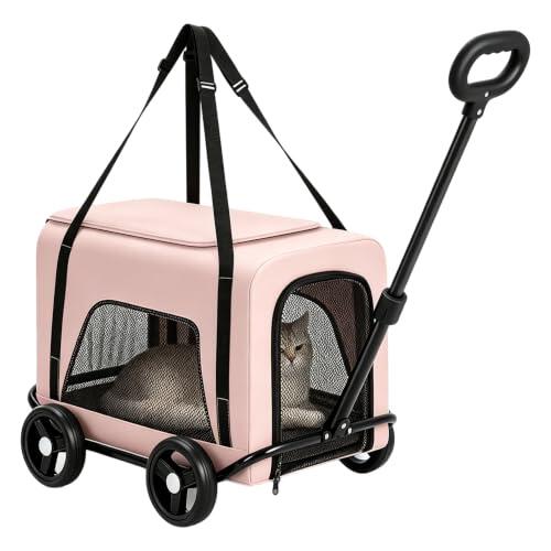 Carrito para mascotas, 2-en-1, rosa, plegable, para perros y gatos | Tela Oxford; ventilación 3 caras; ruedas reforzadas.