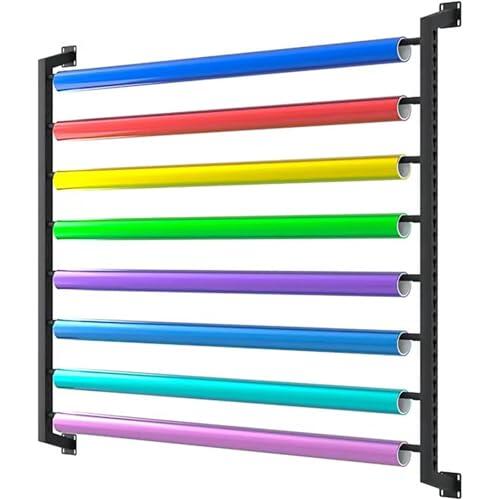 Rollo de vinilo de 8 niveles montado en la pared, 210 cm, impermeable, para telas y película de PVC, fácil acceso y visualización eficiente con 8 varillas