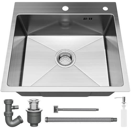Fregadero Cocina 50x45 cm, STANEW Fregadero Cocina 1 Seno,Fregadero Inox con Dispensador de Jabón y Sifón，Sobre Encimera,Adecuado para Cocinas Pequeñas y Autocaravanas.