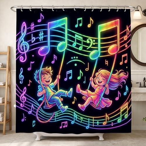 Cortina de ducha con notas musicales, colores juguetones, niños, sin multicolor, poliéster, impermeable, para baño, decoración de habitación de invitados, 72 x 72 pulgadas