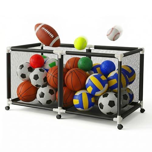 Relaxdays Carro para balones, 4 Ruedas con Freno, 85 x 160 x 78 cm, para fútbol, Baloncesto y Voleibol, Negro