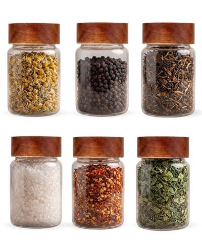 Set de 6 tarros de especias 250 ml – BAVARY – Tarros de vidrio con tapa de madera – herméticos – Tarros de especias para especias, semillas, sal y pimienta – Vidrio de borosilicato